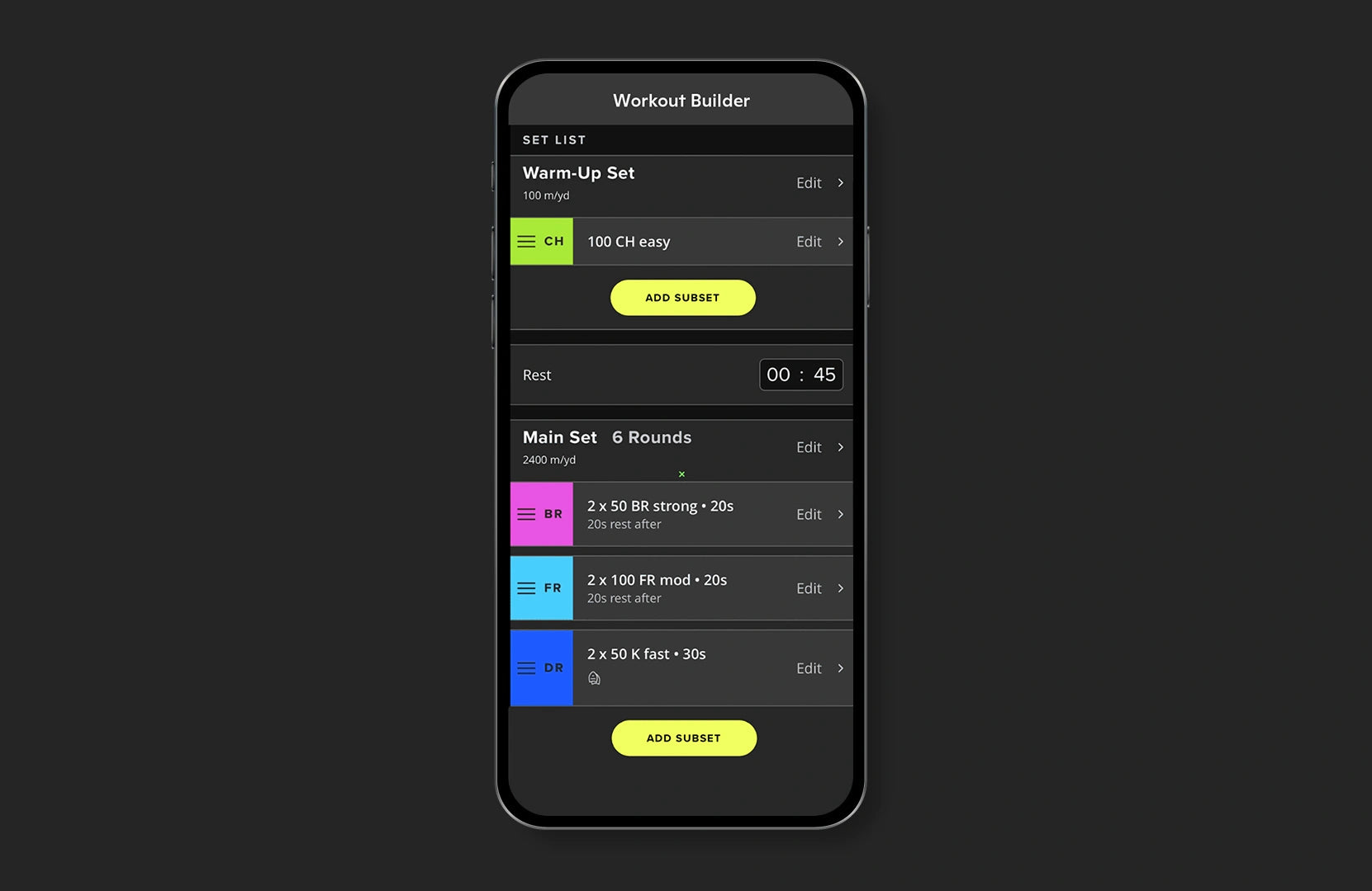 Smartphone screen showing the FORM swim training app interface with detailed metrics and workout customization options.